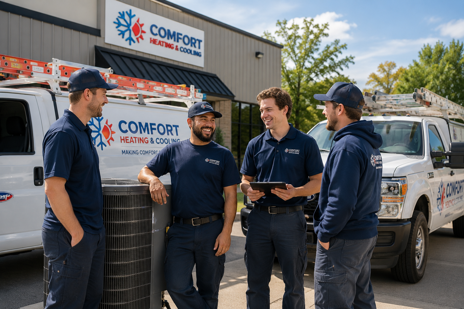 Team at a HVAC company out by company truck