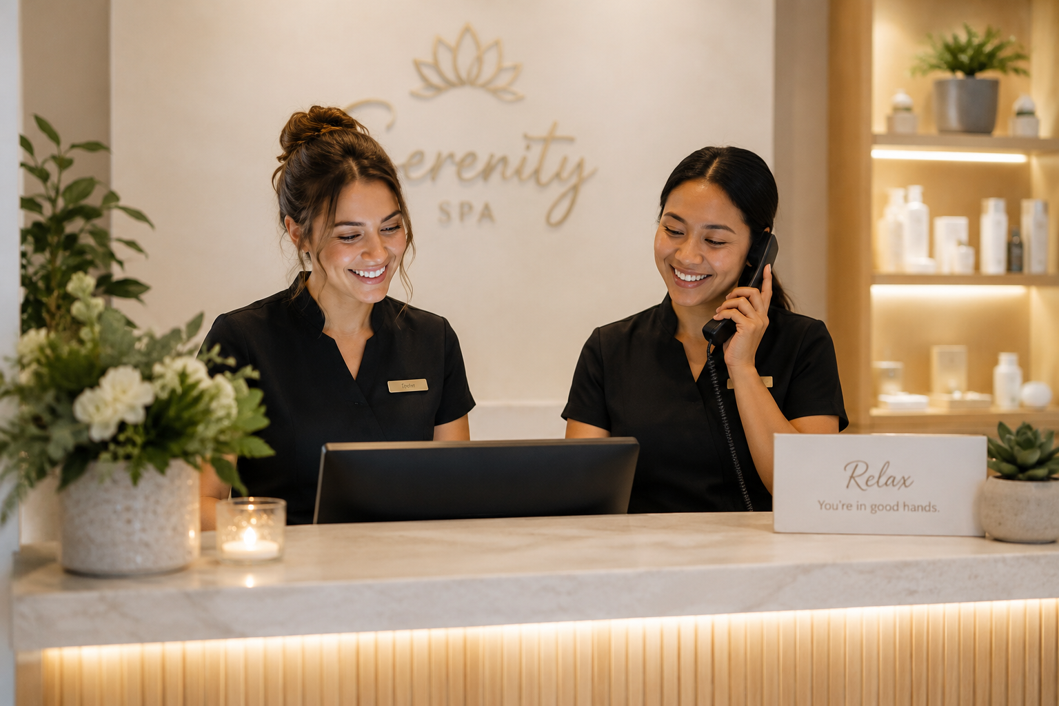Happy employees working at the front desk of a spa.