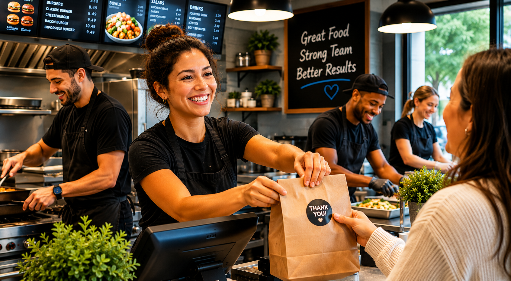 A team working together behind a busy counter