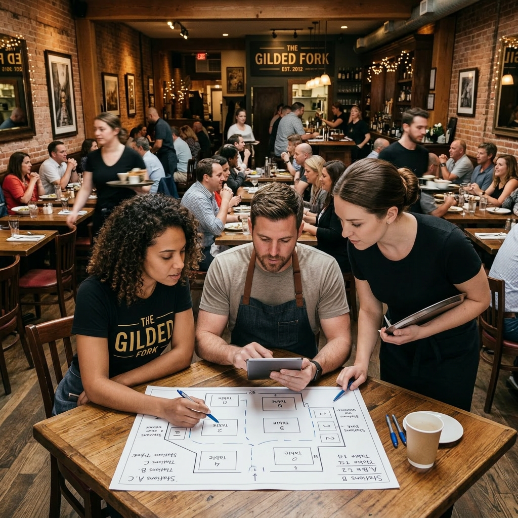 Three restaurant staff reviewing a table layout plan at a wooden table