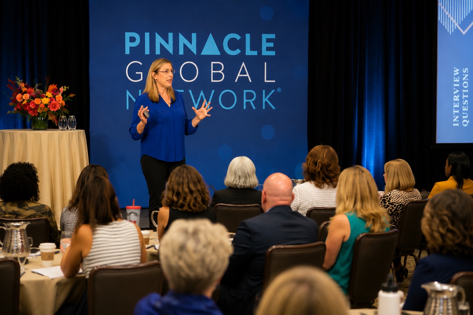 Andrea Hoffer speaking on stage at a Pinnacle Global Network event